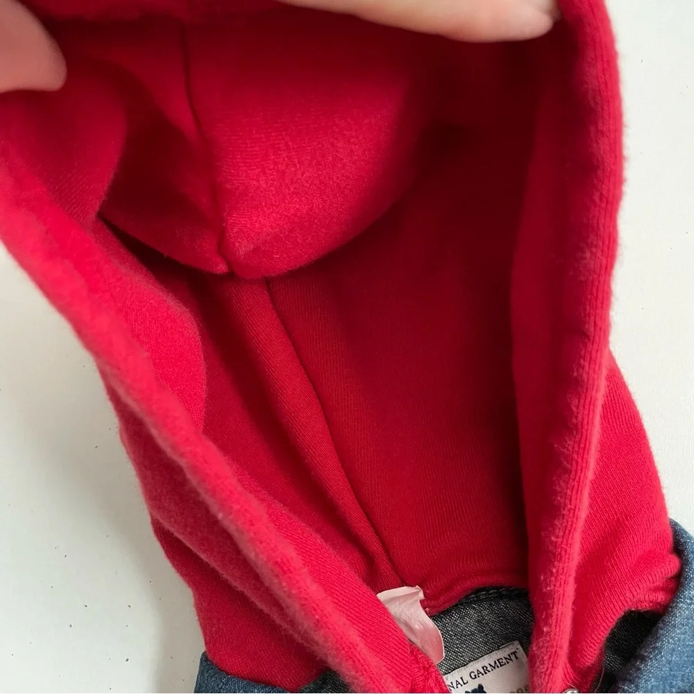 Gap Baby Jacket Denim Embroidered Handsome Devil Removable Hood Pockets Blue Red
